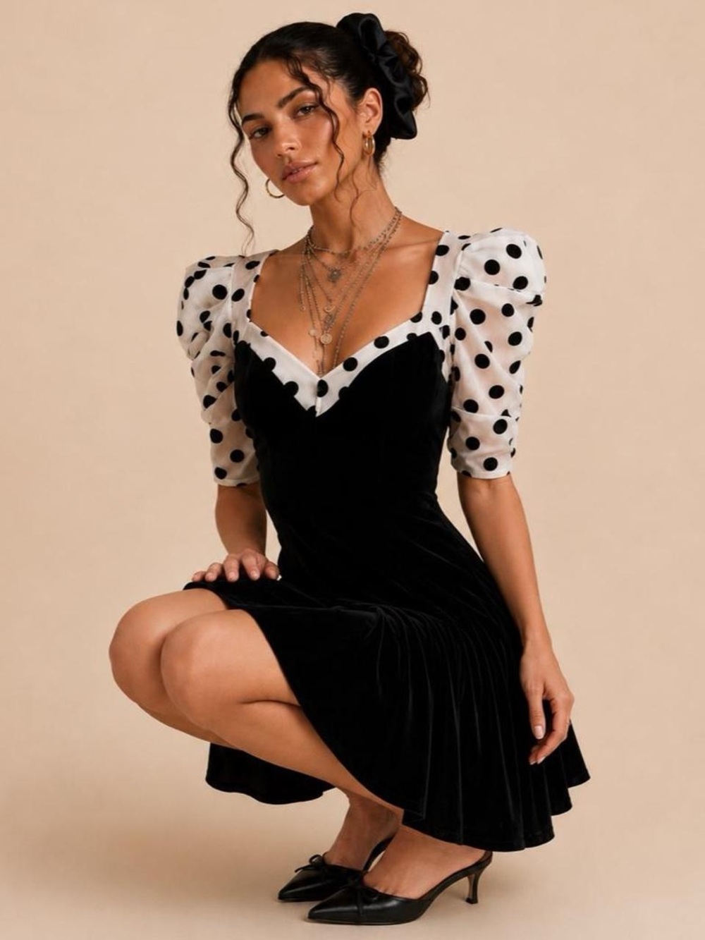 For Love and Lemons Black Velvet Dress with White Polka Dot Puff Sleeves